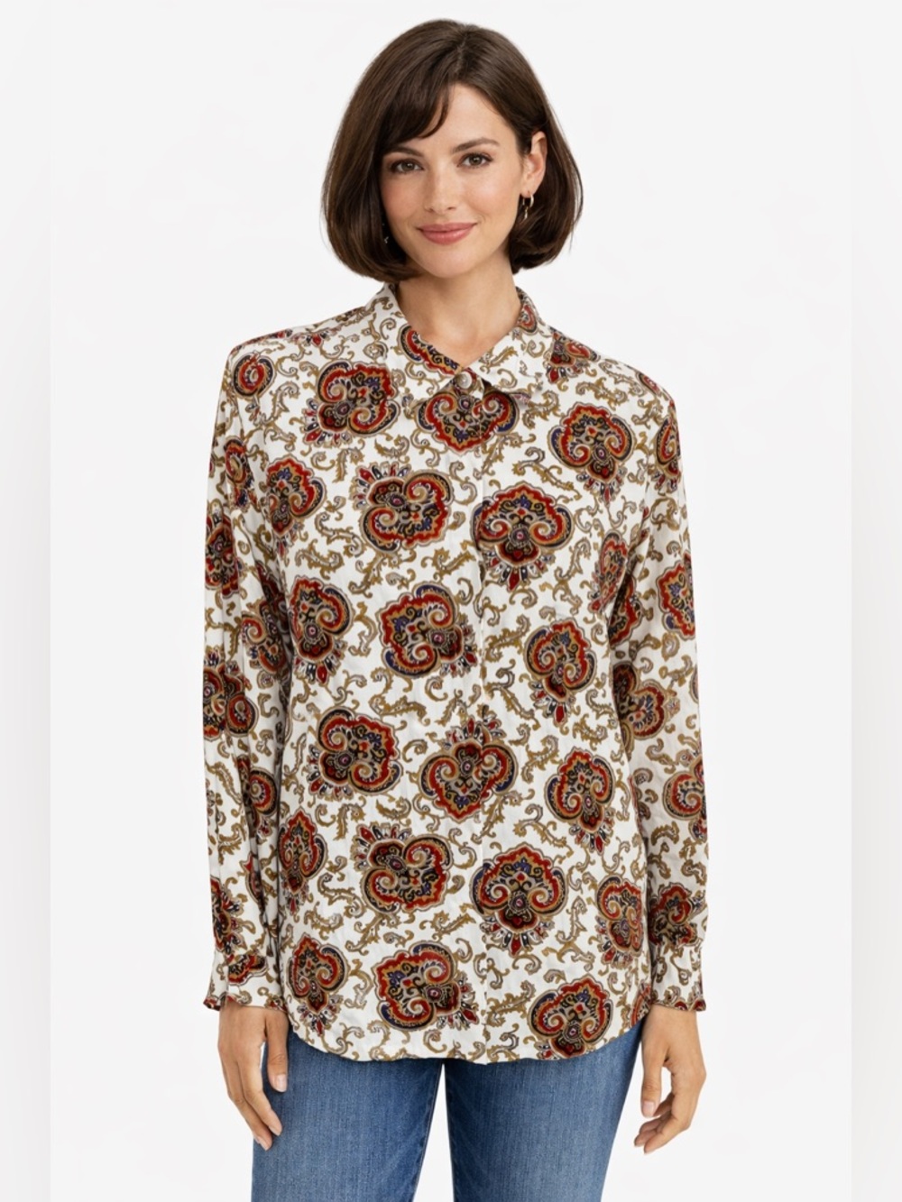 Vintage 90s Liz Claiborne Paisley Medallion Blouse Petite 10 Retro Top